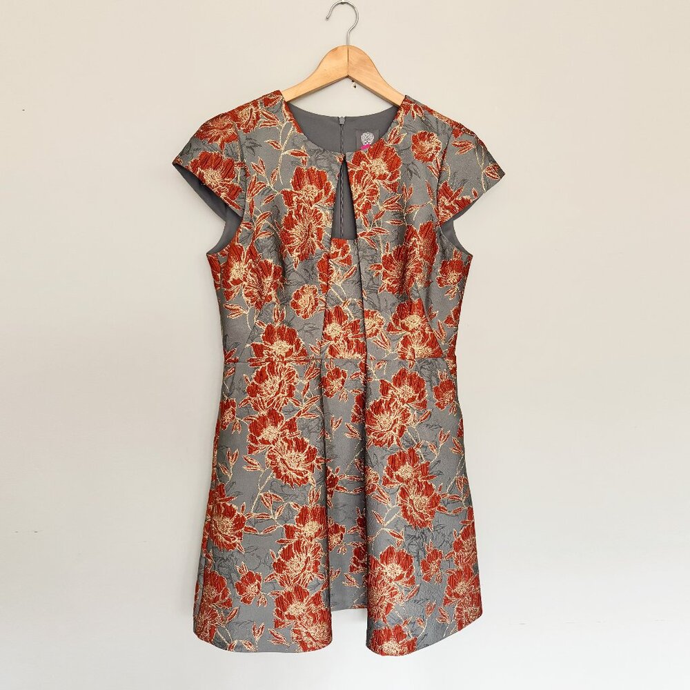 Vince Camuto Gray and Burnt Orange Brocade Flutter Sleeve A-Line Mini Dress